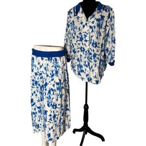 PATAPOUF Vintage 2pc Button Down Top Midi Skirt Abstract Blue White Medium Large